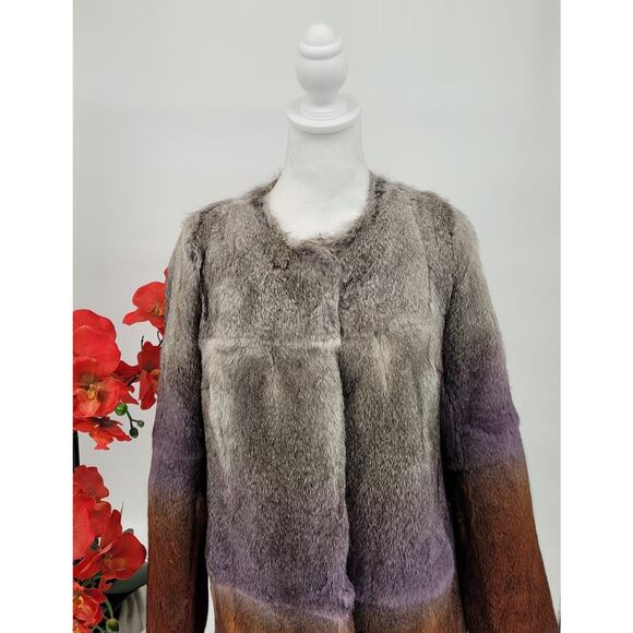 Love Token Womens Multicolor Ombre Rabbit Fur Long Sleeve Open Front Coat Size S - Picture 3 of 8